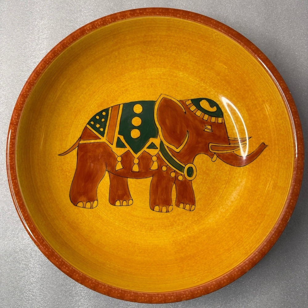 Pier One 1 Hand Painted Ceramic Elephant Serving Bowl Orange Yellow Decorative